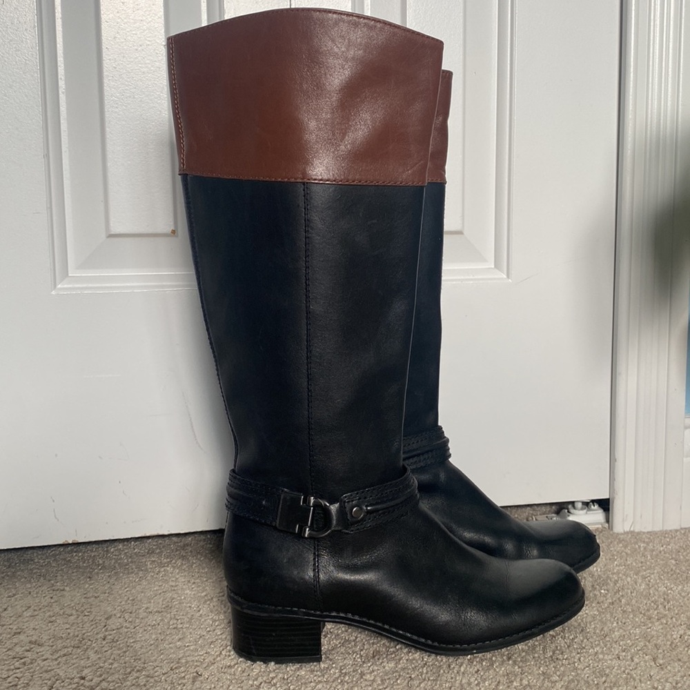 Bandolino Size 6 1/2 Black And Brown Leather Tall Carlita Boots With Buckle